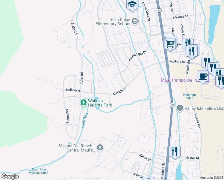 map of restaurants, bars, coffee shops, grocery stores, and more near 36 Pa'alae Place in Wailuku