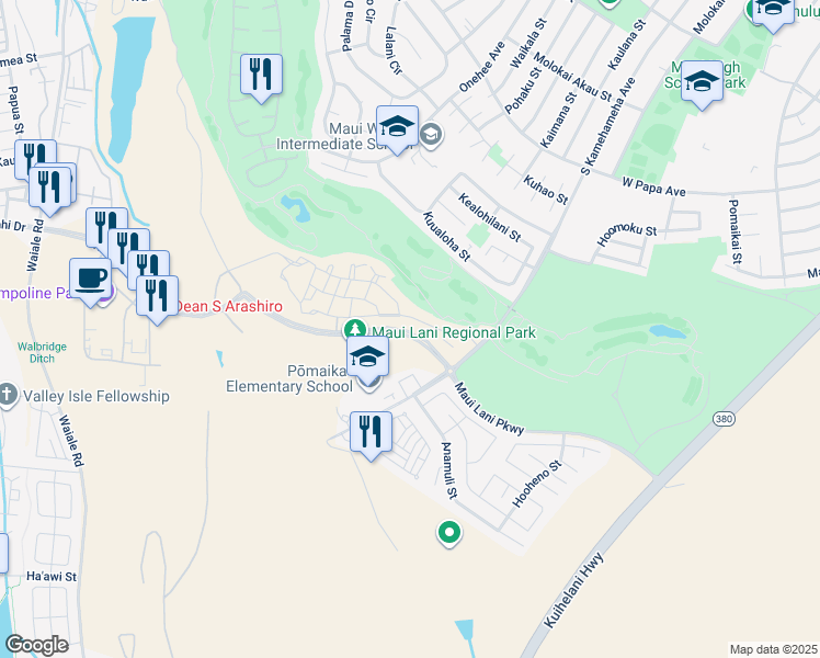 map of restaurants, bars, coffee shops, grocery stores, and more near 83 'Olina Street in Kahului