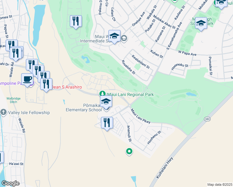 map of restaurants, bars, coffee shops, grocery stores, and more near 135 'Olina Street in Kahului