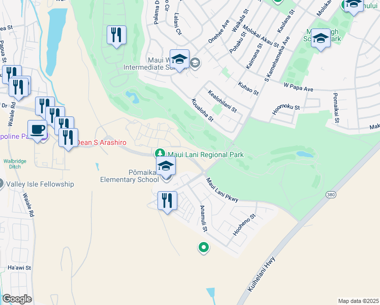 map of restaurants, bars, coffee shops, grocery stores, and more near 59 'Olina Street in Kahului