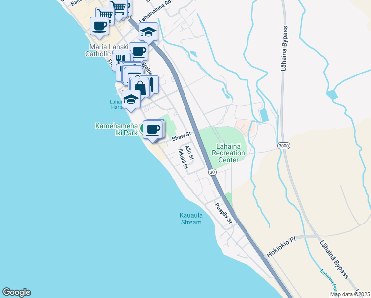 map of restaurants, bars, coffee shops, grocery stores, and more near 461 Alio Street in Lahaina