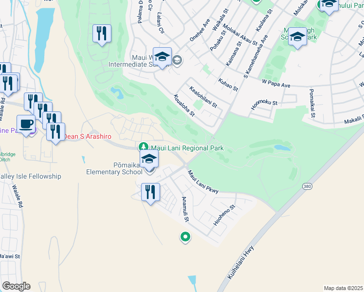 map of restaurants, bars, coffee shops, grocery stores, and more near 38 'Olina Street in Kahului