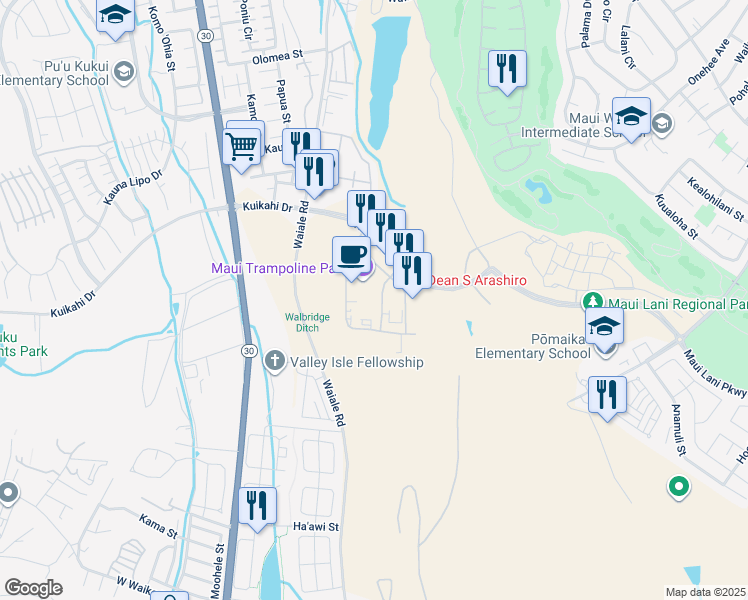 map of restaurants, bars, coffee shops, grocery stores, and more near 36 Paa Street in Kahului