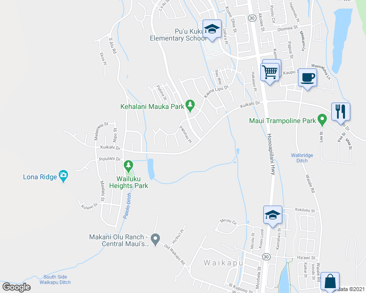 map of restaurants, bars, coffee shops, grocery stores, and more near 14 Noho'ana Place in Wailuku