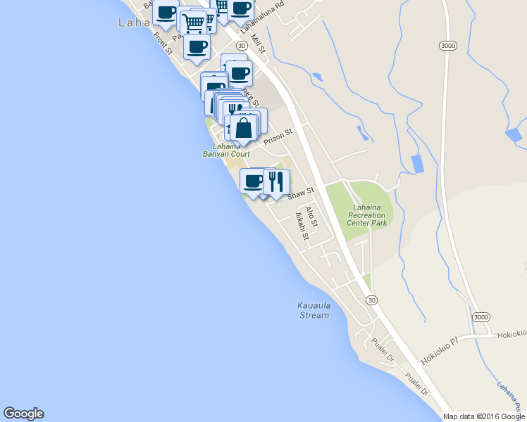 map of restaurants, bars, coffee shops, grocery stores, and more near 505 Front Street in Lahaina