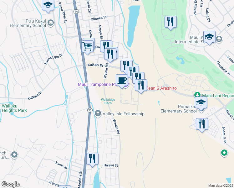 map of restaurants, bars, coffee shops, grocery stores, and more near 46 Laa Street in Kahului