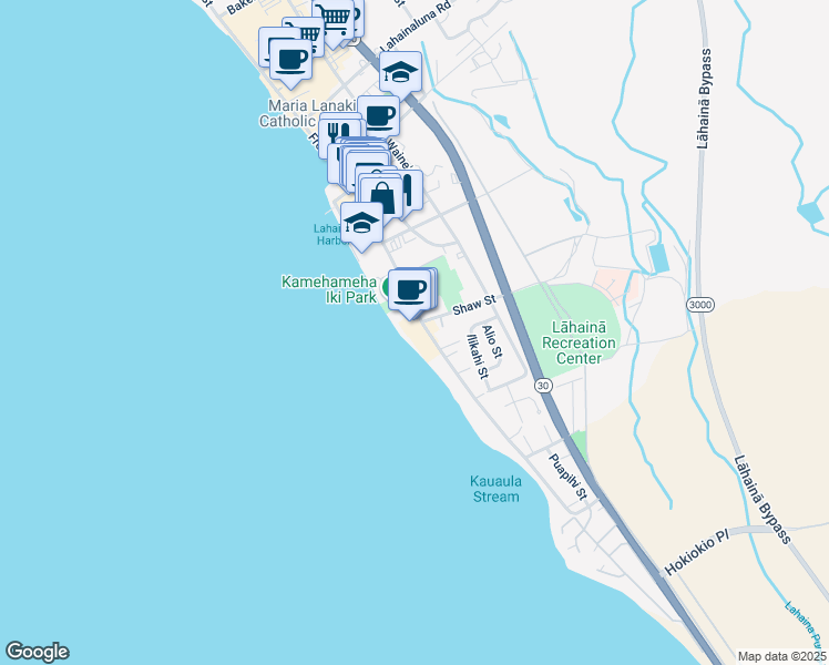 map of restaurants, bars, coffee shops, grocery stores, and more near 505 Front Street in Lahaina