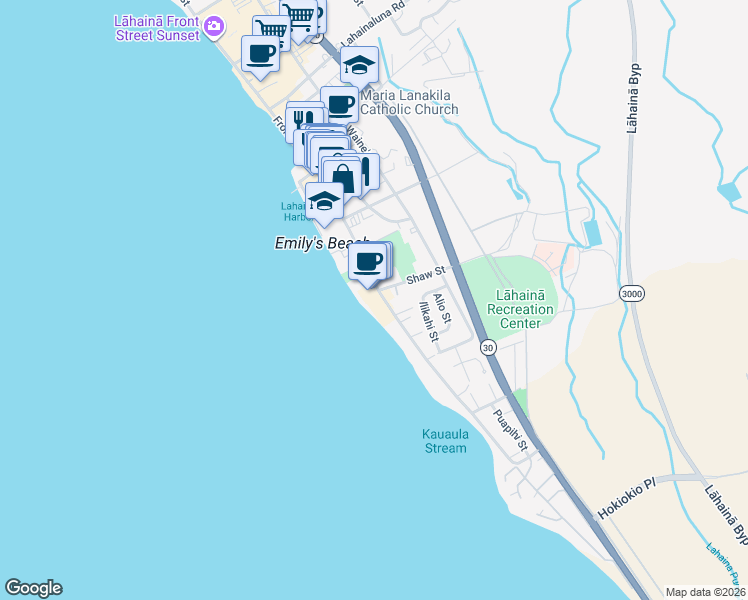 map of restaurants, bars, coffee shops, grocery stores, and more near 505 Front Street in Lahaina