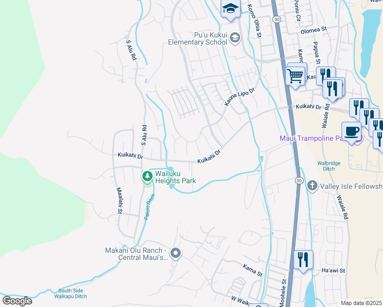map of restaurants, bars, coffee shops, grocery stores, and more near 24 Pa'alae Place in Wailuku