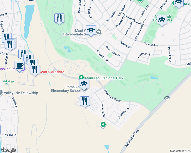 map of restaurants, bars, coffee shops, grocery stores, and more near 63 'Olina Street in Kahului