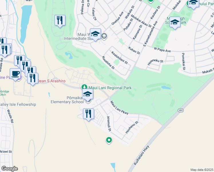 map of restaurants, bars, coffee shops, grocery stores, and more near 42 'Olina Street in Kahului