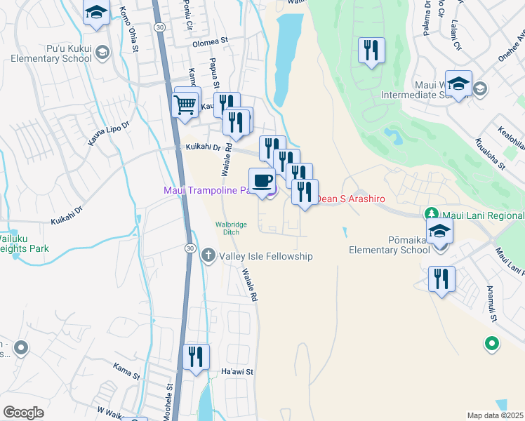 map of restaurants, bars, coffee shops, grocery stores, and more near 47 Laa Street in Kahului