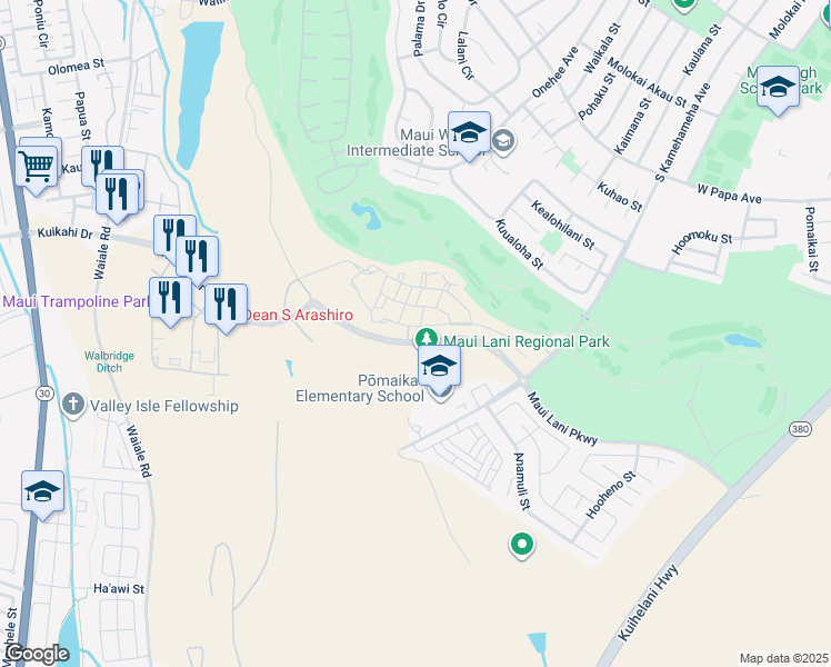 map of restaurants, bars, coffee shops, grocery stores, and more near 135 'Olina Street in Kahului
