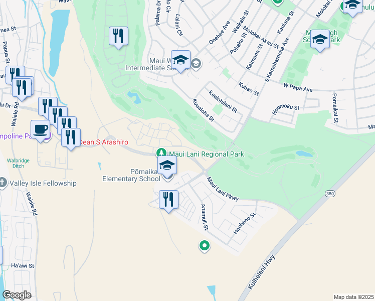 map of restaurants, bars, coffee shops, grocery stores, and more near 67 'Olina Street in Kahului