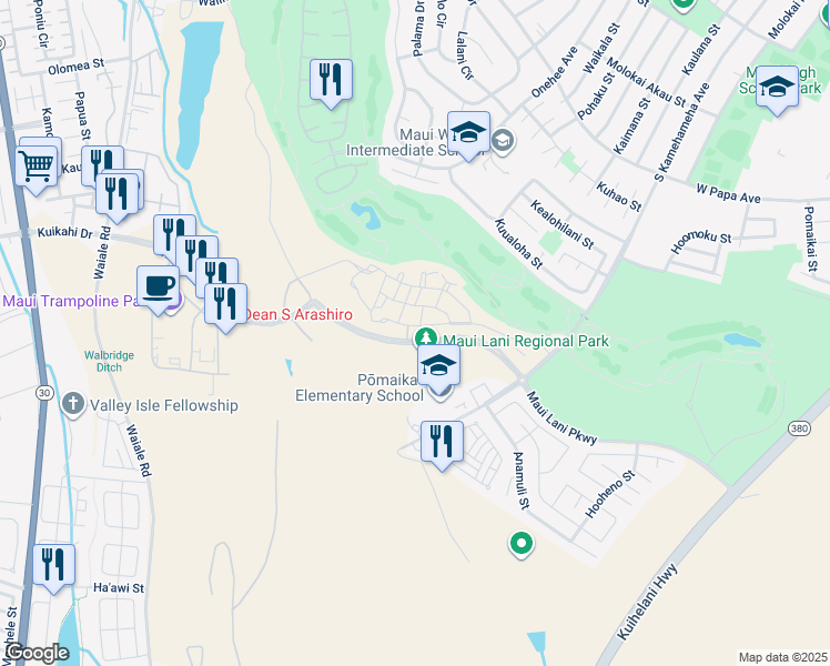 map of restaurants, bars, coffee shops, grocery stores, and more near 135 'Olina Street in Kahului