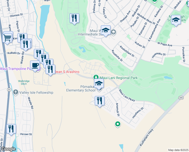 map of restaurants, bars, coffee shops, grocery stores, and more near 131 'Olina Street in Kahului