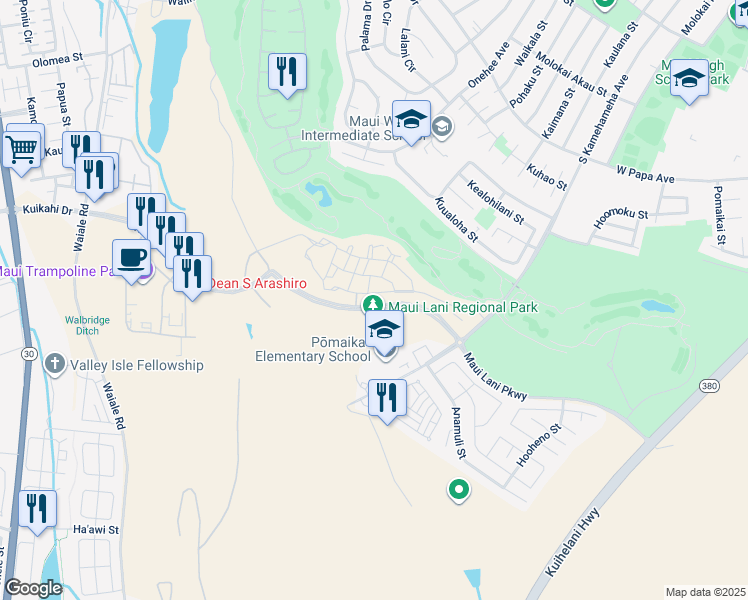 map of restaurants, bars, coffee shops, grocery stores, and more near 123 'Olina Street in Kahului