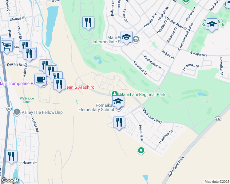 map of restaurants, bars, coffee shops, grocery stores, and more near 123 'Olina Street in Kahului
