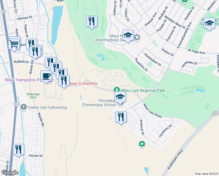 map of restaurants, bars, coffee shops, grocery stores, and more near 147 'Olina Street in Kahului