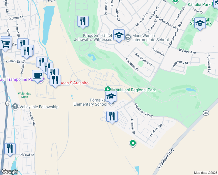 map of restaurants, bars, coffee shops, grocery stores, and more near 119 'Olina Street in Kahului