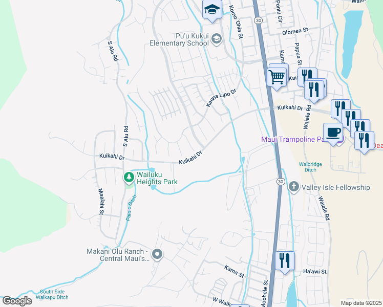 map of restaurants, bars, coffee shops, grocery stores, and more near 11 Papuhau Place in Wailuku