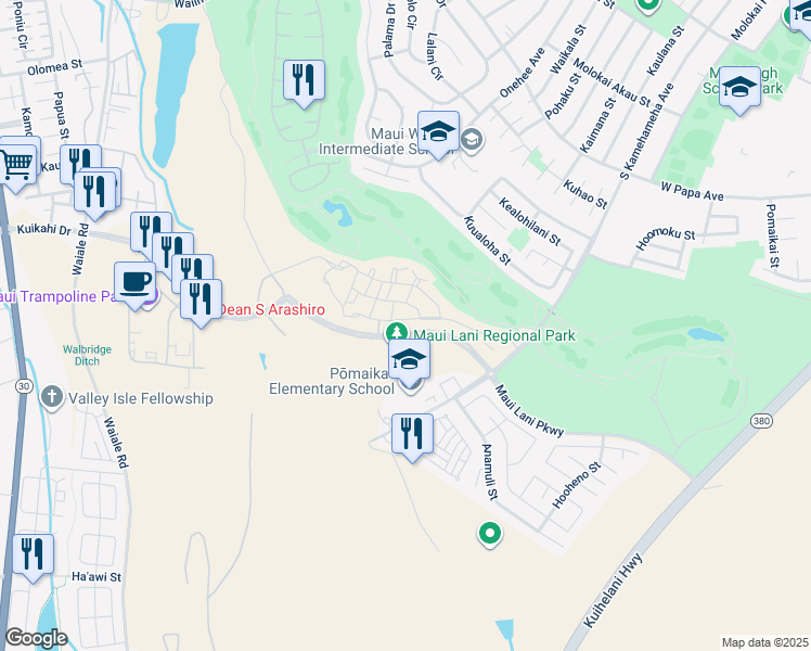 map of restaurants, bars, coffee shops, grocery stores, and more near 115 'Olina Street in Kahului