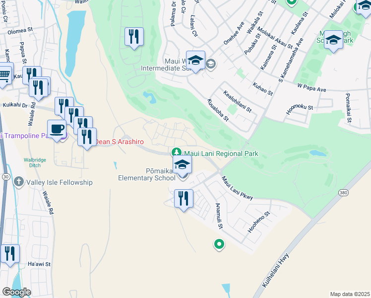 map of restaurants, bars, coffee shops, grocery stores, and more near 103 'Olina Street in Kahului