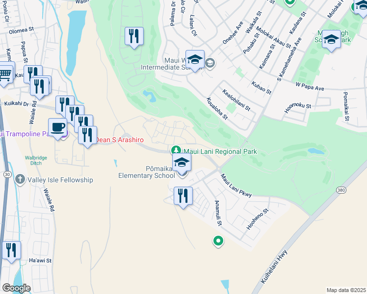 map of restaurants, bars, coffee shops, grocery stores, and more near 107 'Olina Street in Kahului
