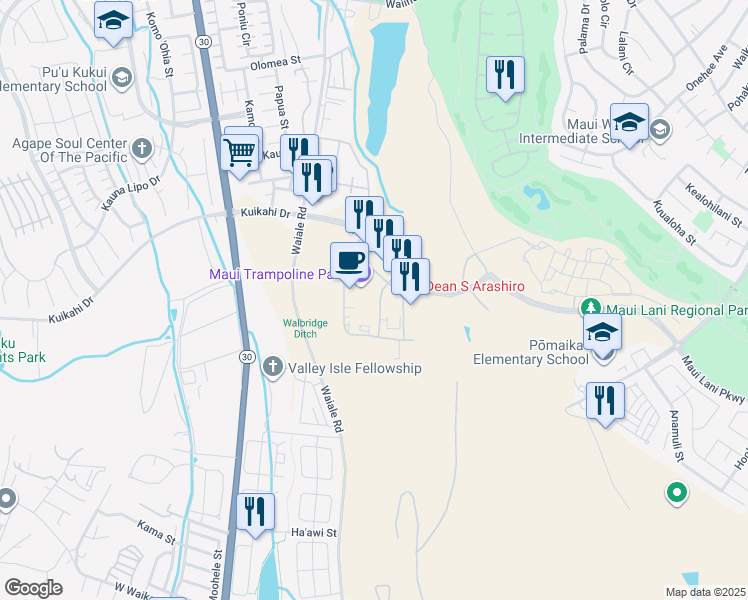 map of restaurants, bars, coffee shops, grocery stores, and more near 32 Paa Street in Kahului