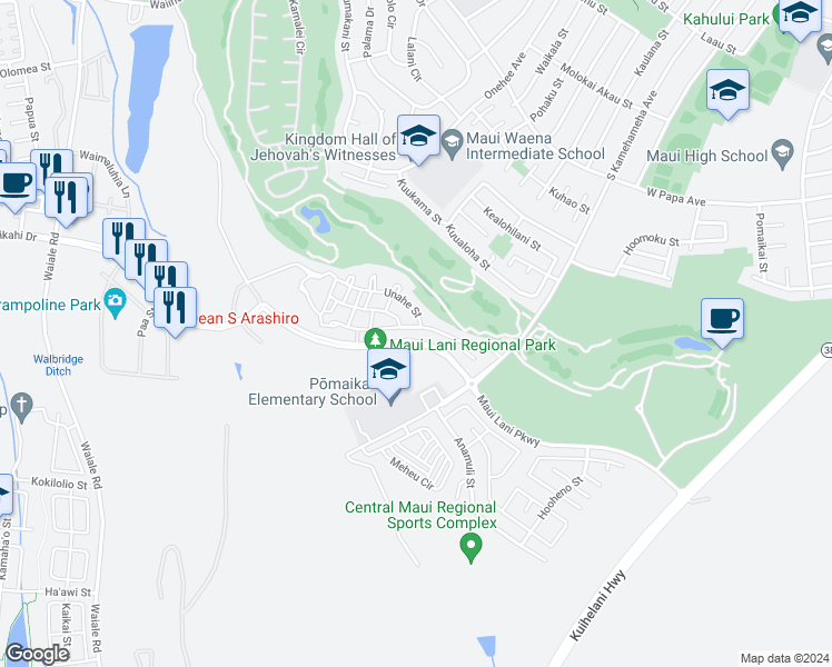 map of restaurants, bars, coffee shops, grocery stores, and more near 83 Olina Street in Kahului