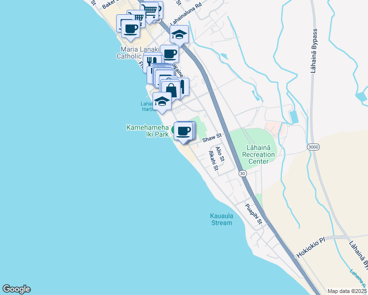 map of restaurants, bars, coffee shops, grocery stores, and more near 505 Front Street in Lahaina