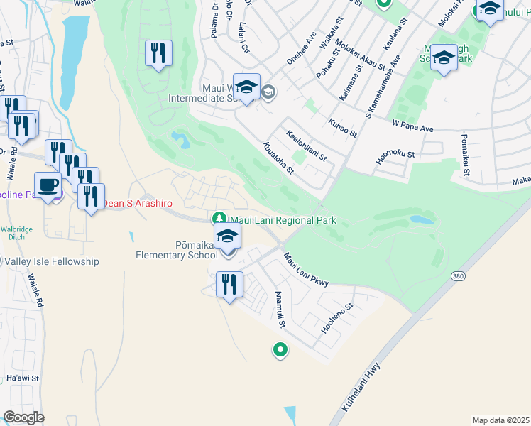 map of restaurants, bars, coffee shops, grocery stores, and more near 54 'Olina Street in Kahului