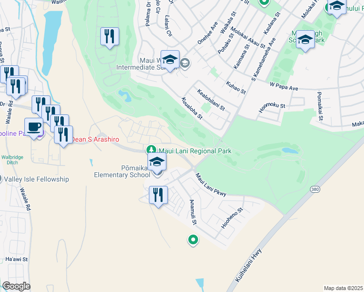 map of restaurants, bars, coffee shops, grocery stores, and more near 36 Opeha Place in Kahului