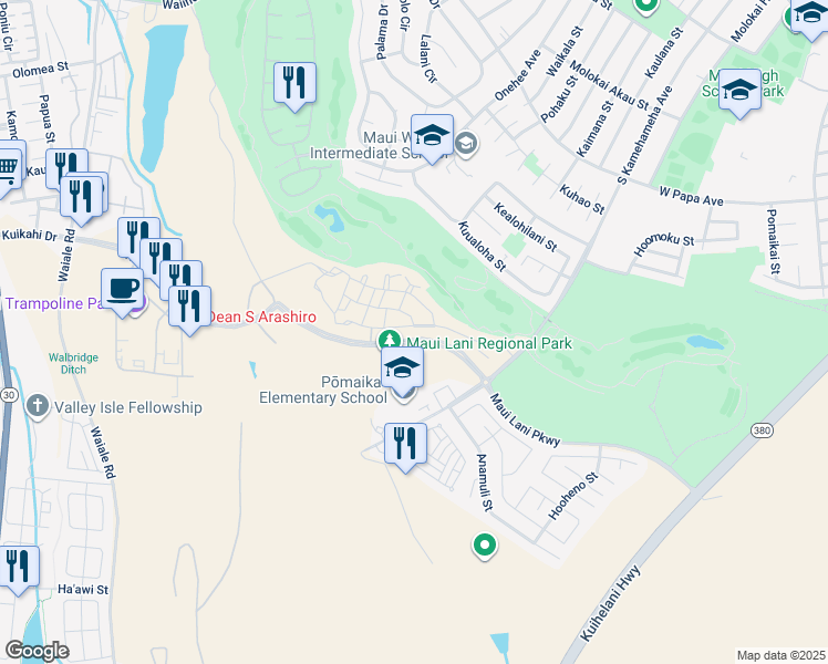 map of restaurants, bars, coffee shops, grocery stores, and more near 99 'Olina Street in Kahului