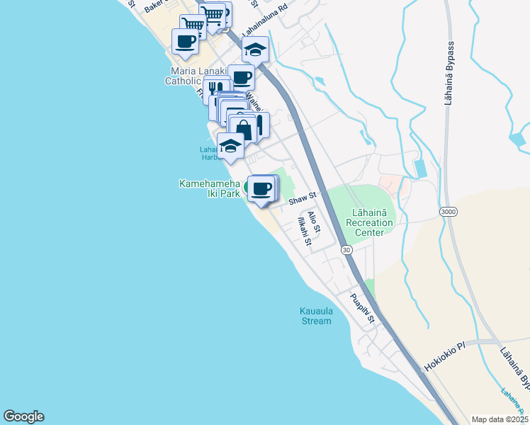 map of restaurants, bars, coffee shops, grocery stores, and more near 505 Front Street in Lahaina