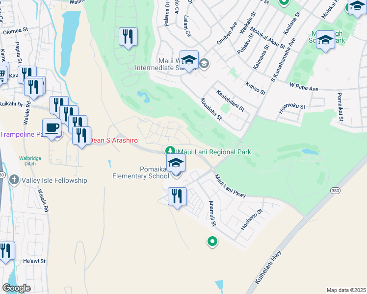map of restaurants, bars, coffee shops, grocery stores, and more near 95 'Olina Street in Kahului