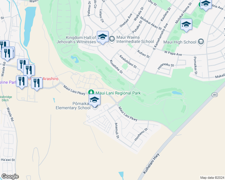 map of restaurants, bars, coffee shops, grocery stores, and more near 50 'Olina Street in Kahului
