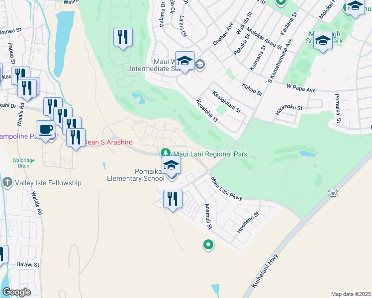 map of restaurants, bars, coffee shops, grocery stores, and more near 79 'Olina Street in Kahului