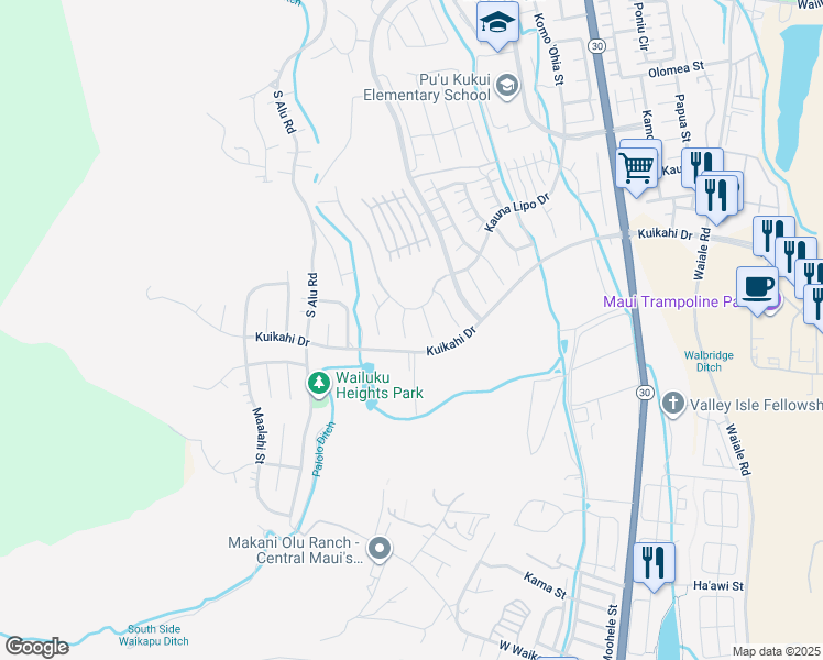 map of restaurants, bars, coffee shops, grocery stores, and more near 30 Pa'alae Place in Wailuku