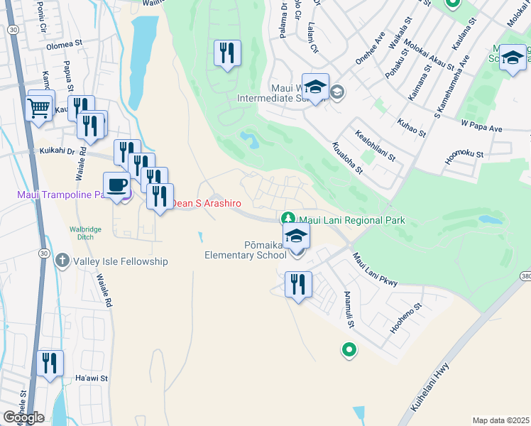 map of restaurants, bars, coffee shops, grocery stores, and more near 155 'Olina Street in Kahului