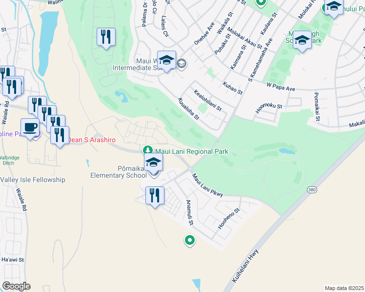map of restaurants, bars, coffee shops, grocery stores, and more near 50 'Olina Street in Kahului
