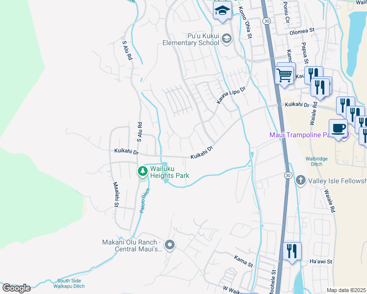 map of restaurants, bars, coffee shops, grocery stores, and more near 30 Pa'alae Place in Wailuku
