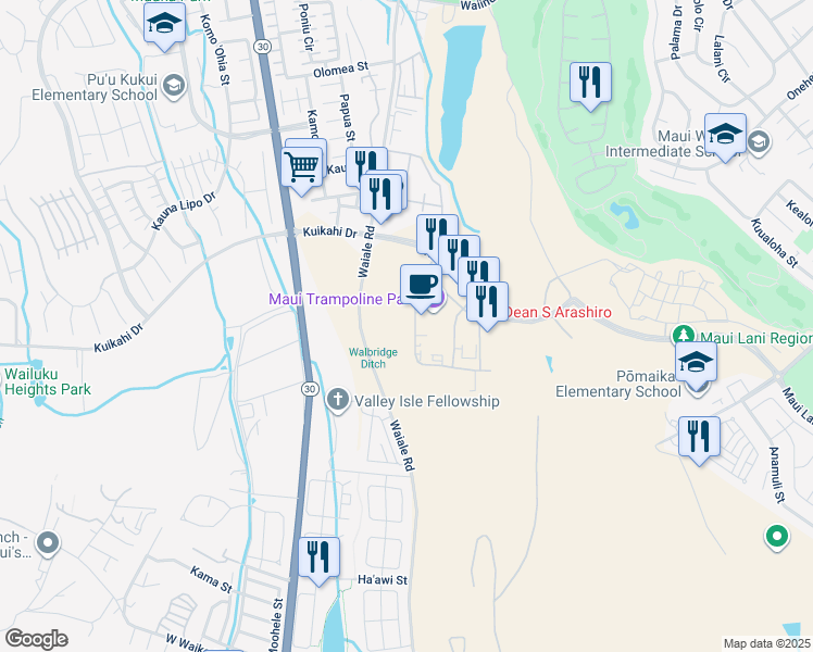 map of restaurants, bars, coffee shops, grocery stores, and more near 42 Laa Street in Kahului