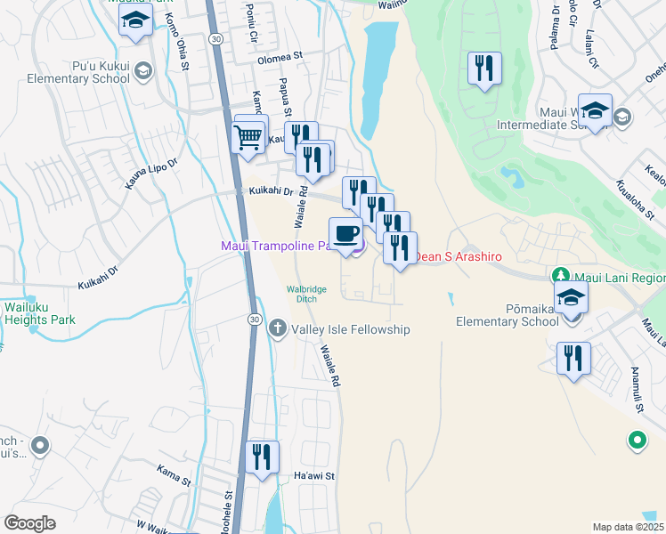 map of restaurants, bars, coffee shops, grocery stores, and more near 42 Laa Street in Kahului