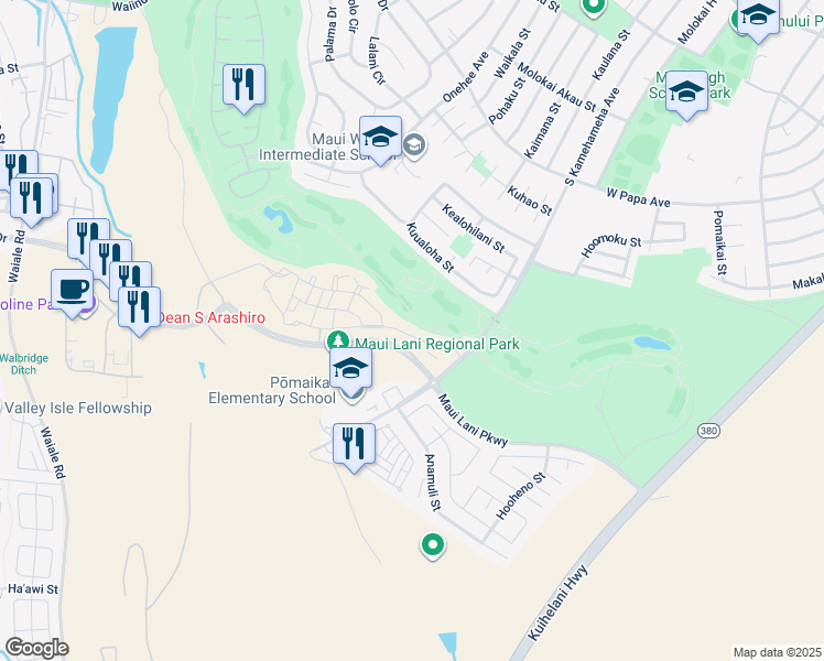 map of restaurants, bars, coffee shops, grocery stores, and more near 54 'Olina Street in Kahului