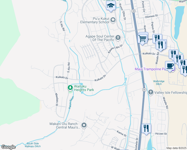 map of restaurants, bars, coffee shops, grocery stores, and more near 36 Pa'alae Place in Wailuku