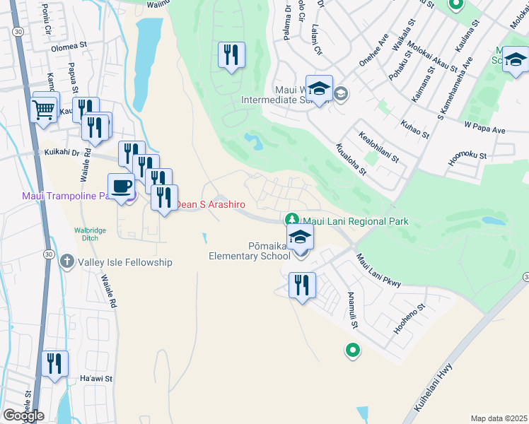 map of restaurants, bars, coffee shops, grocery stores, and more near 163 'Olina Street in Kahului