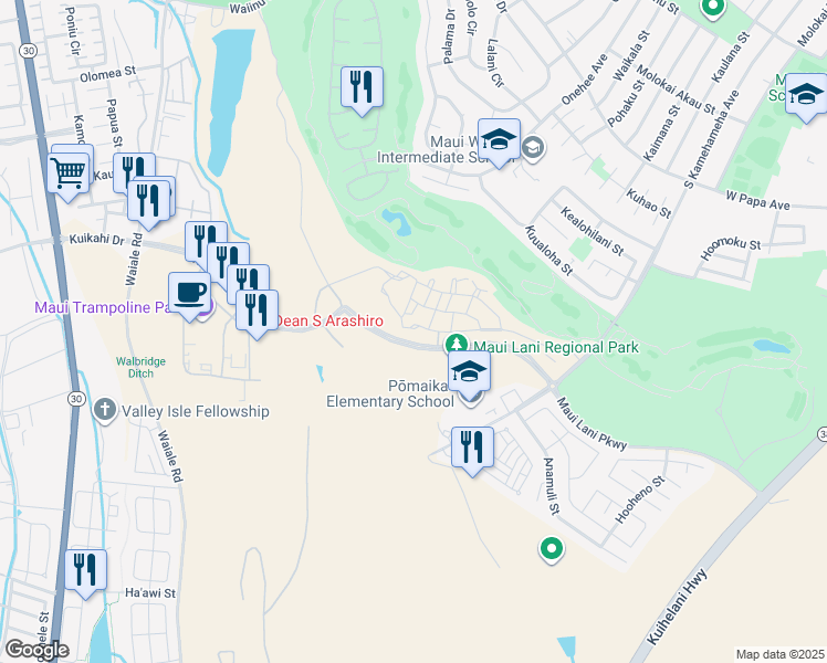 map of restaurants, bars, coffee shops, grocery stores, and more near 163 'Olina Street in Kahului