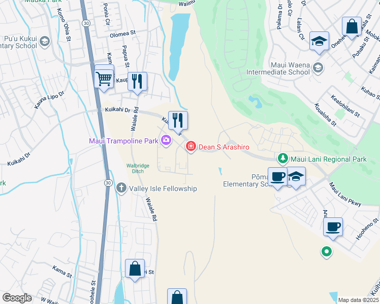 map of restaurants, bars, coffee shops, grocery stores, and more near 141 Maa Street in Kahului