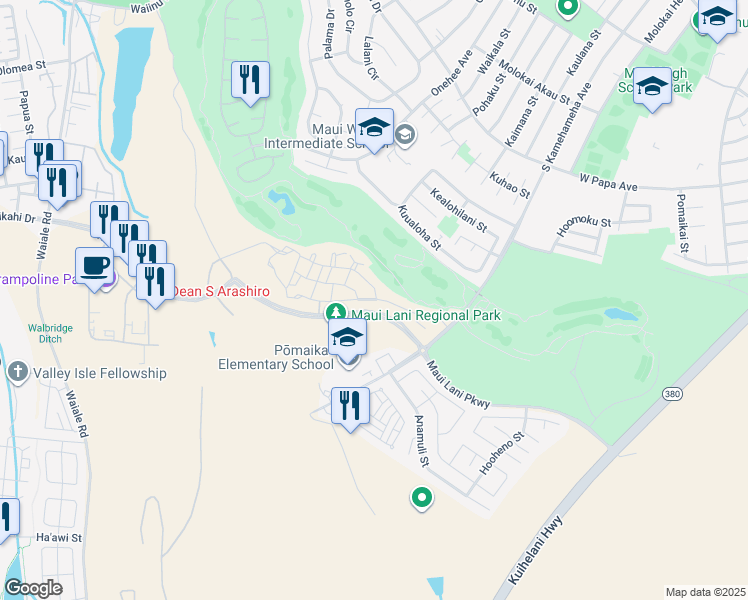 map of restaurants, bars, coffee shops, grocery stores, and more near 160 Lahai Lane in Kahului